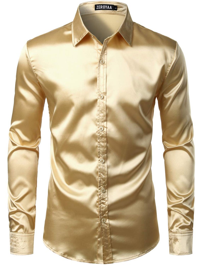 ZEROYAA Men's Luxury Shiny Silk Like Satin Button Up Dress Shirts ZLCL14-Champagne XX-Large - Image 3